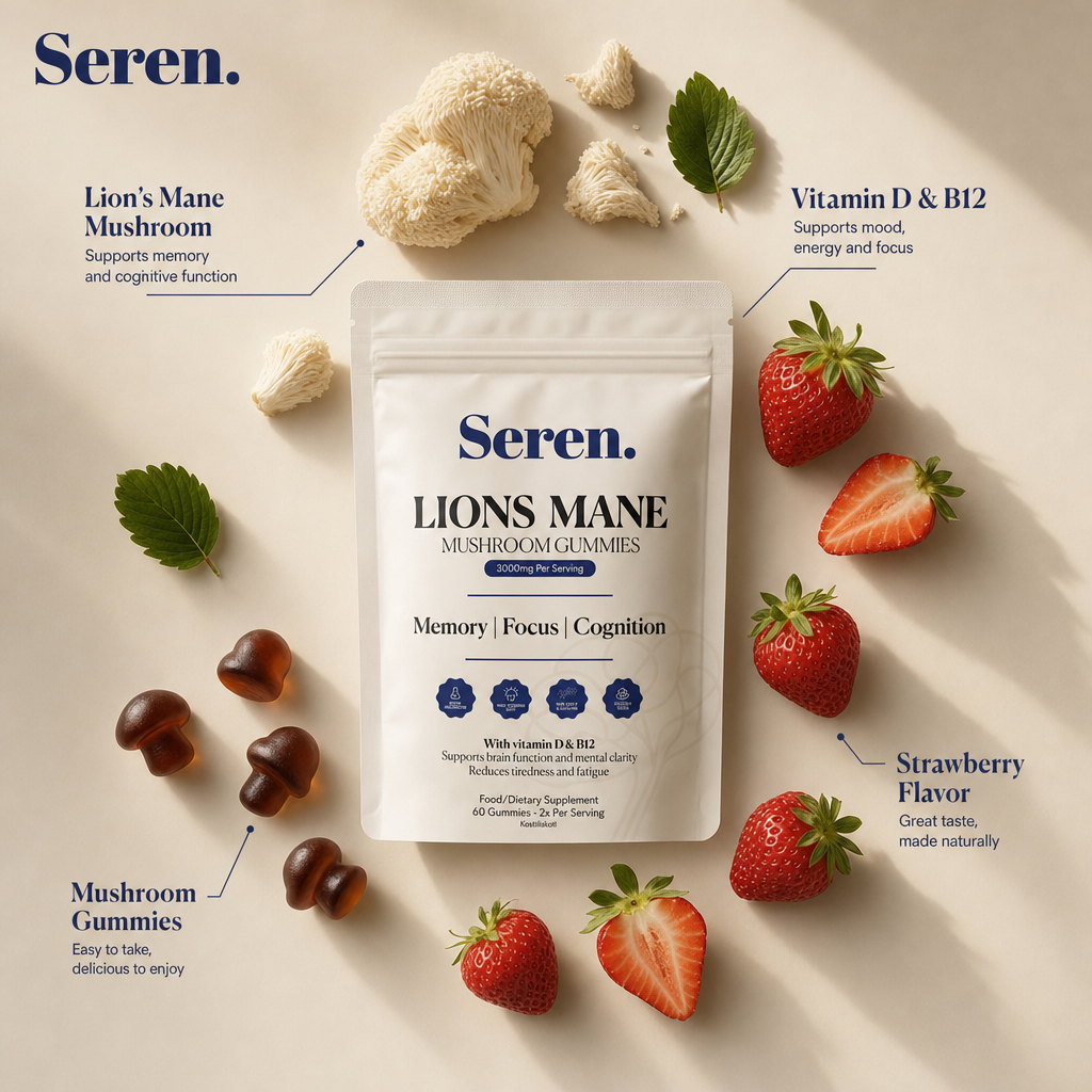 Seren Lion’s Mane mushroom gummies with vitamin D & B12, surrounded by lion’s mane mushroom, strawberries and gummies