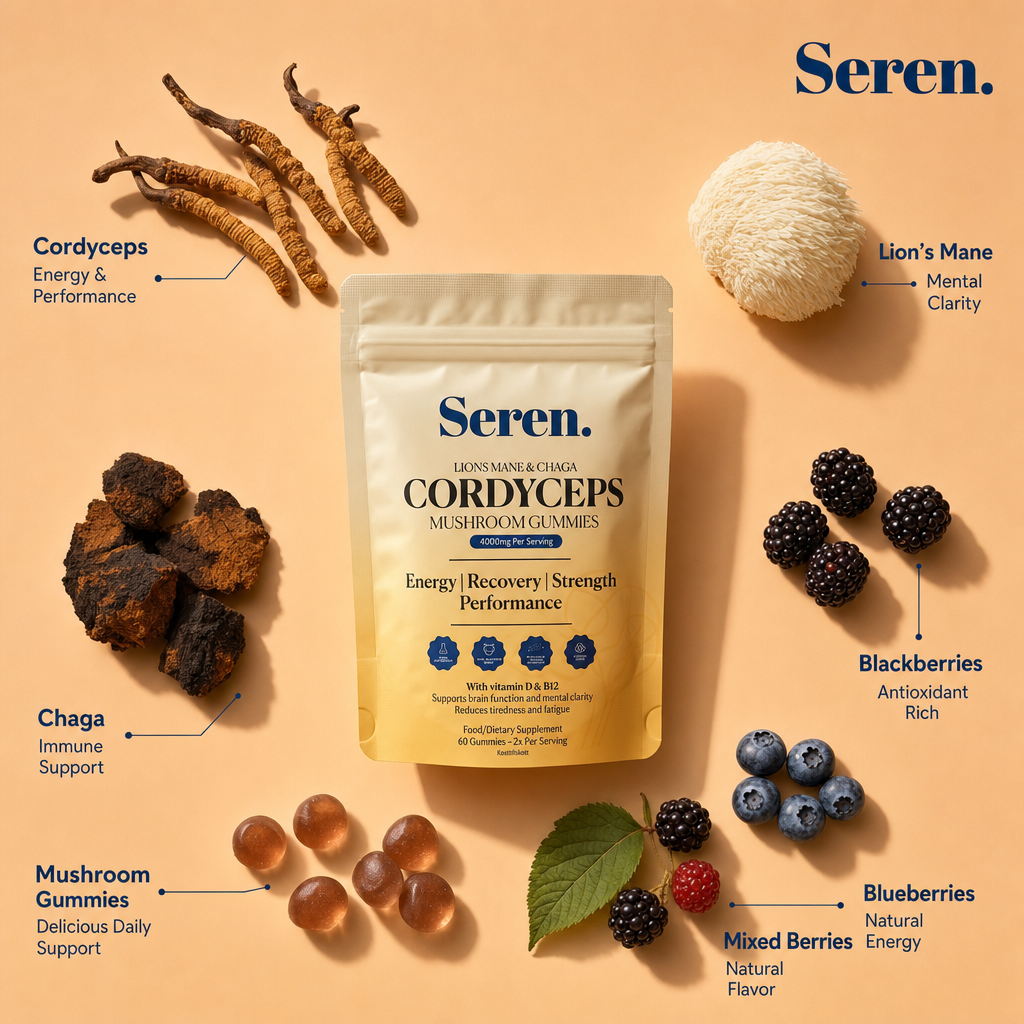 Seren Cordyceps mushroom gummies pouch with cordyceps, lion’s mane, chaga, berries and gummies